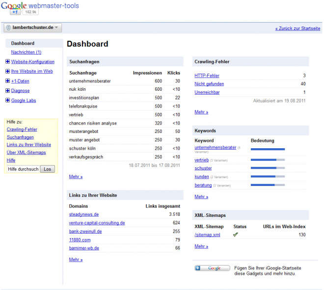 Google Webmaster-Tools Dashboard
